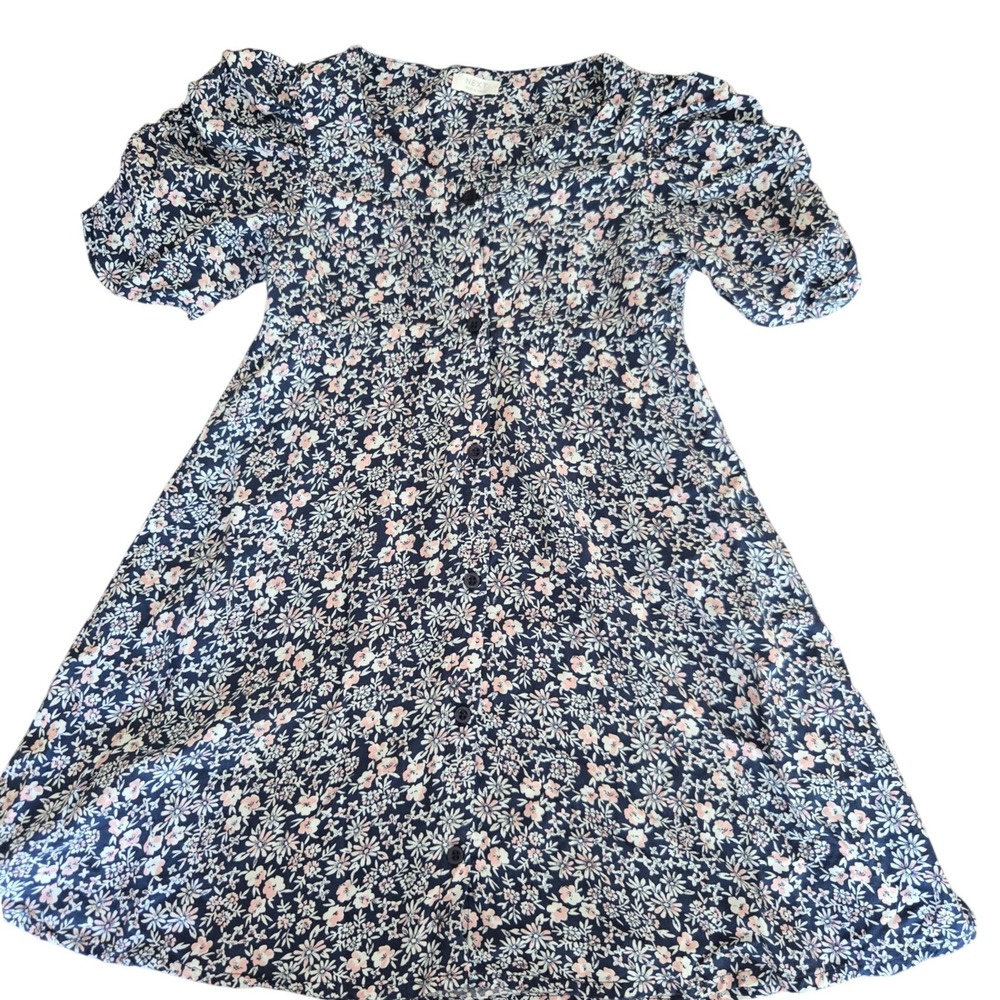 Next Girls Navy Blue Floral Puff‎ Sleeve Button Front Viscose Dress Size 6 Years